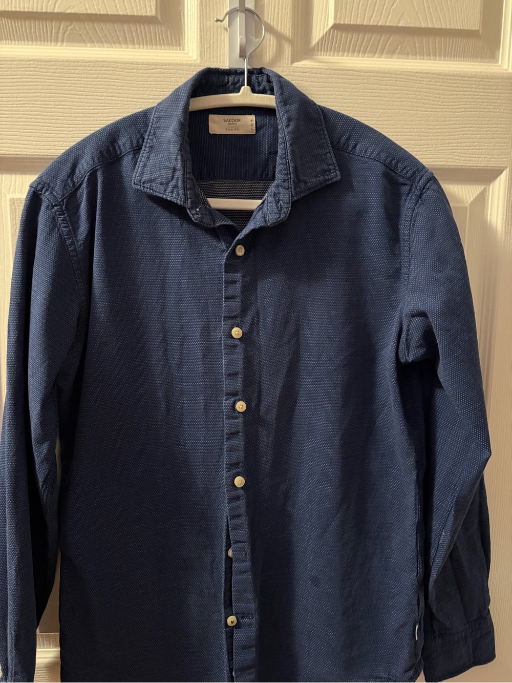 Saks Fifth Avenue Navy Textured Button-Down Shirt -Slim Fit